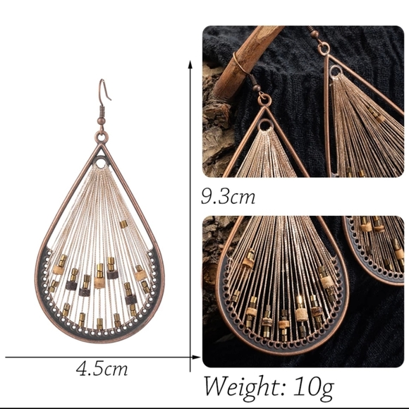 🔹️Water Drop Boho Fan Gold Thread Earrings - Picture 4 of 5